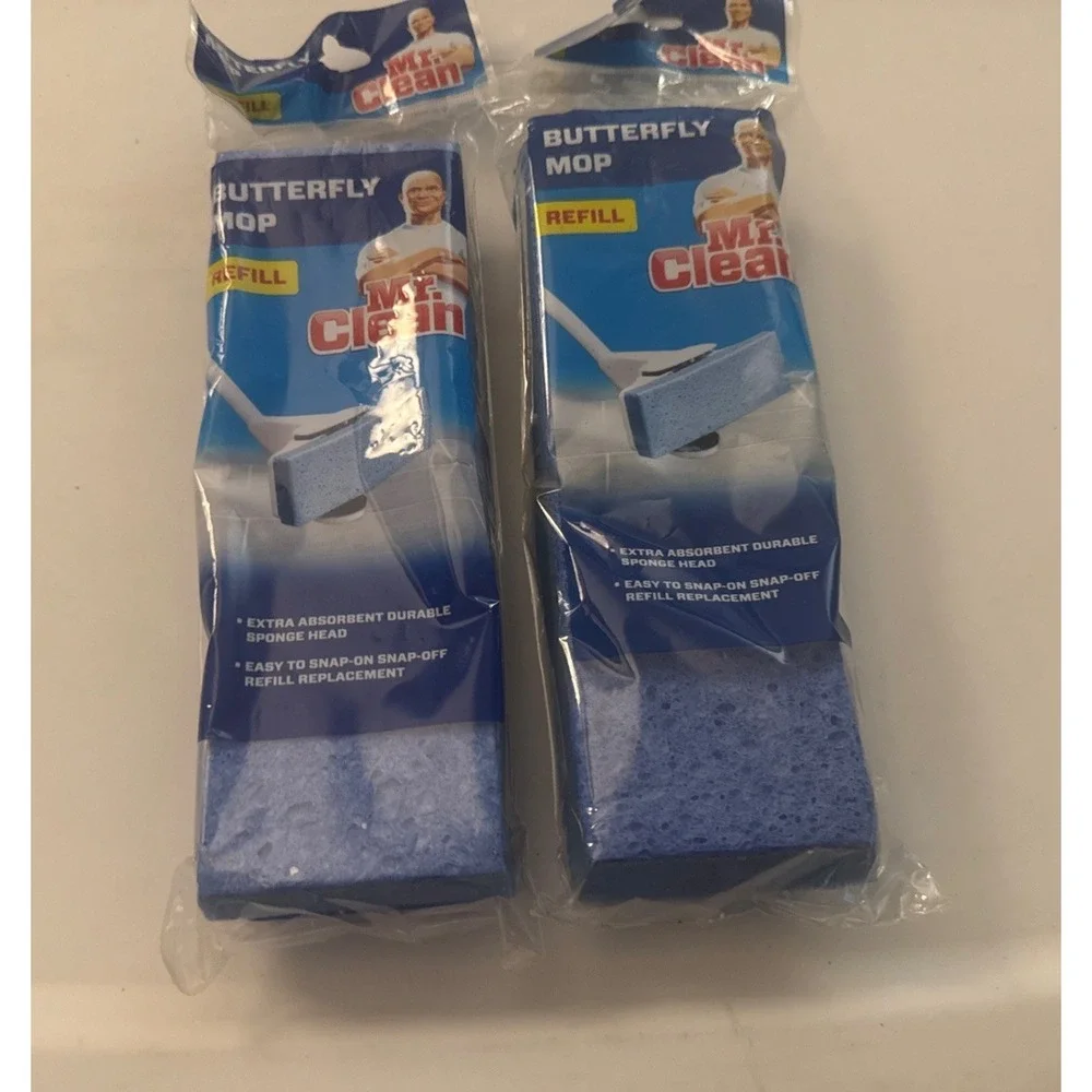 Mr. Clean Butterfly Mop Refill Sponge with Snap On/Off Plastic Head 2 New